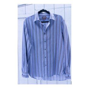 Michael Kors Men Button Down Shirt L Blue Black Striped 100% Cotton